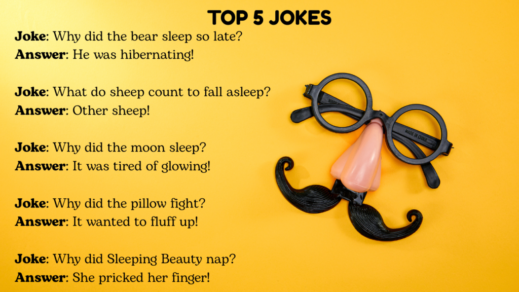 Image of 200+ sleep jokes for kids with 5 funny bedtime gags about bears, sheep, moon, pillows, and Sleeping Beauty.