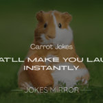 Orange carrot with funny carrot jokes speech bubble, beside bunnies and veggies, highlighting 200+ carrot jokes for kids and adults.
