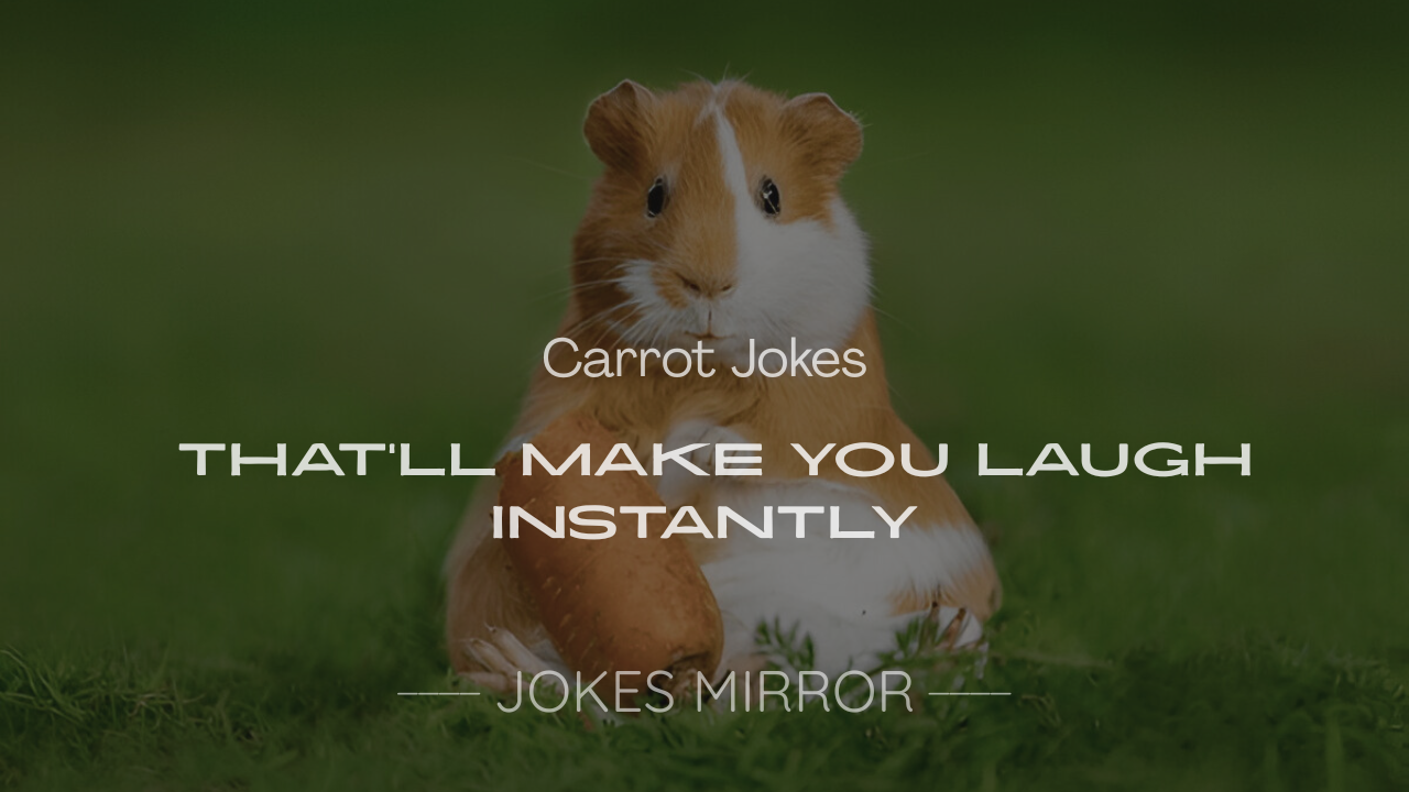 Orange carrot with funny carrot jokes speech bubble, beside bunnies and veggies, highlighting 200+ carrot jokes for kids and adults.