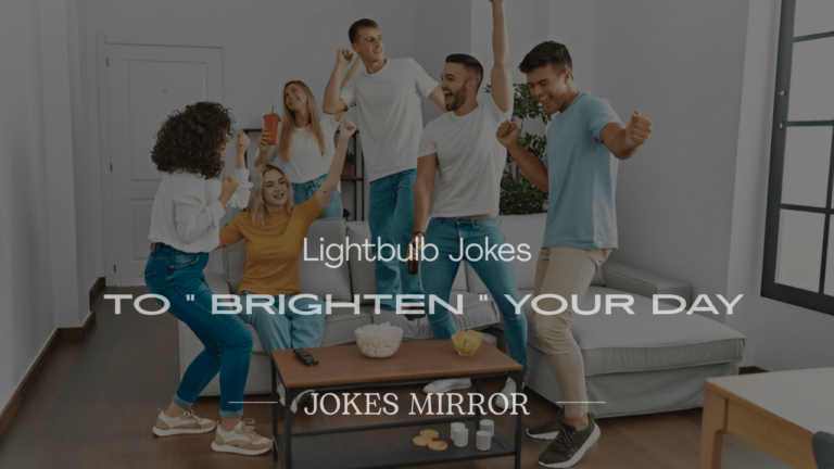Glowing bulb with 200+ lightbulb jokes, bursting with funny lightbulb jokes spark.