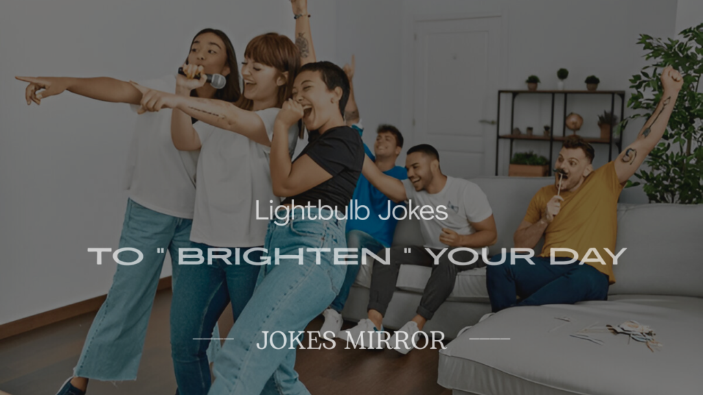 Glowing bulb with 200+ lightbulb jokes, bursting with funny lightbulb jokes spark.